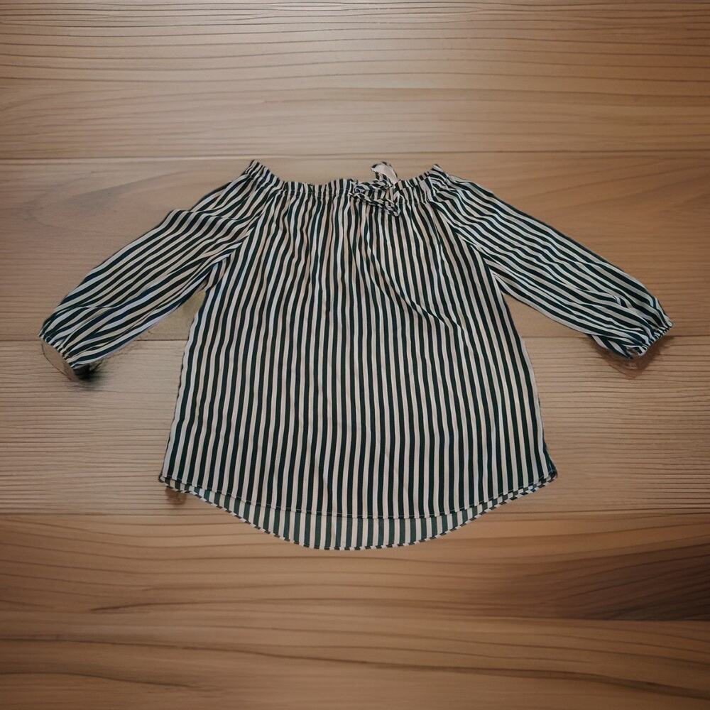 H&M Green White Vertical Striped Off-Shoulder Blouse Top Size 2 Silky Viscose